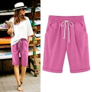 Womens Shorts Bermuda Drawstring,Summer Bermuda Shorts for Women Knee Length Lounge Shorts Cotton Linen Casual High Waist Solid Long Shorts with Pockets Hot Pink,XXXXL